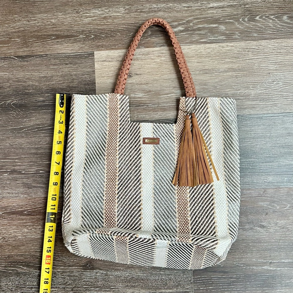 Elegant Striped Tote Bag in Cream and Brown - Picture 2 of 7